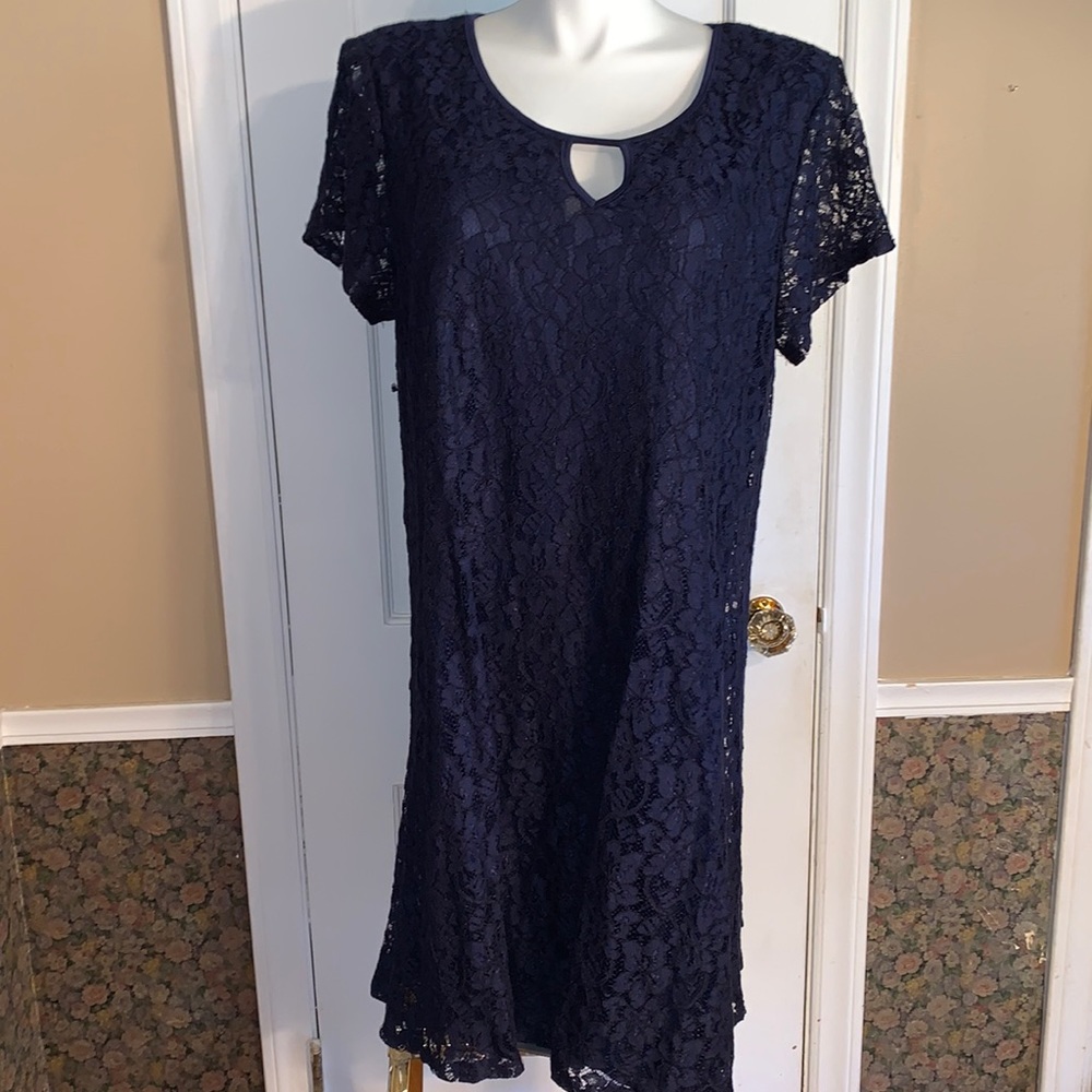 Espresso fully lined blue lace dress with keyhole neck detail.